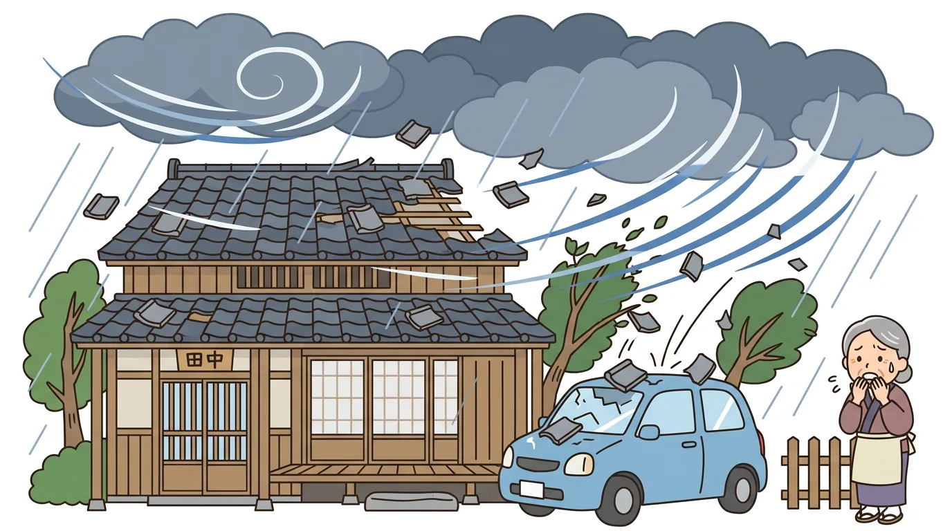 台風で瓦が飛散する空き家