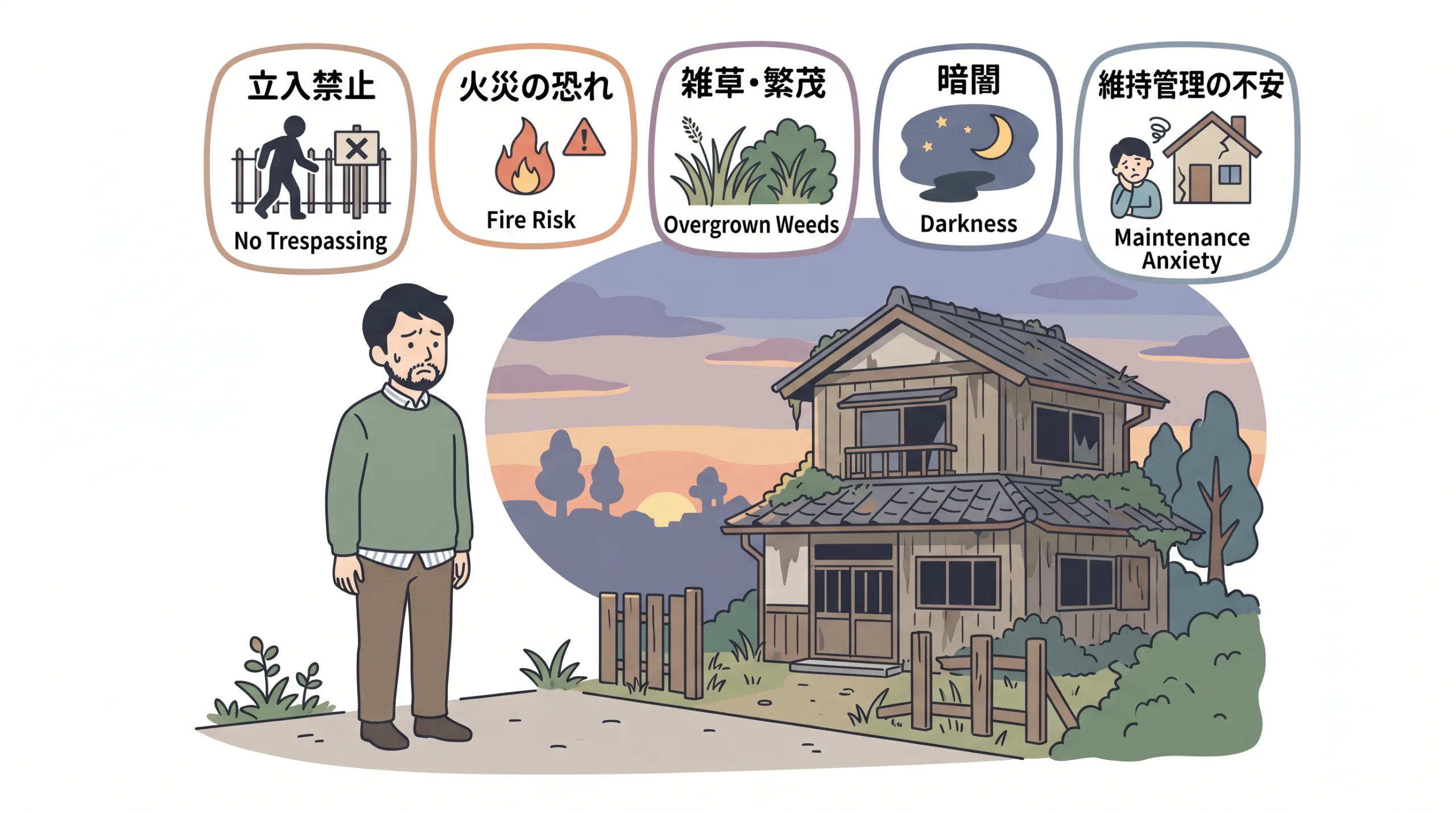 遠方の空き家に対する放火や不法侵入、雑草などの不安イメージ