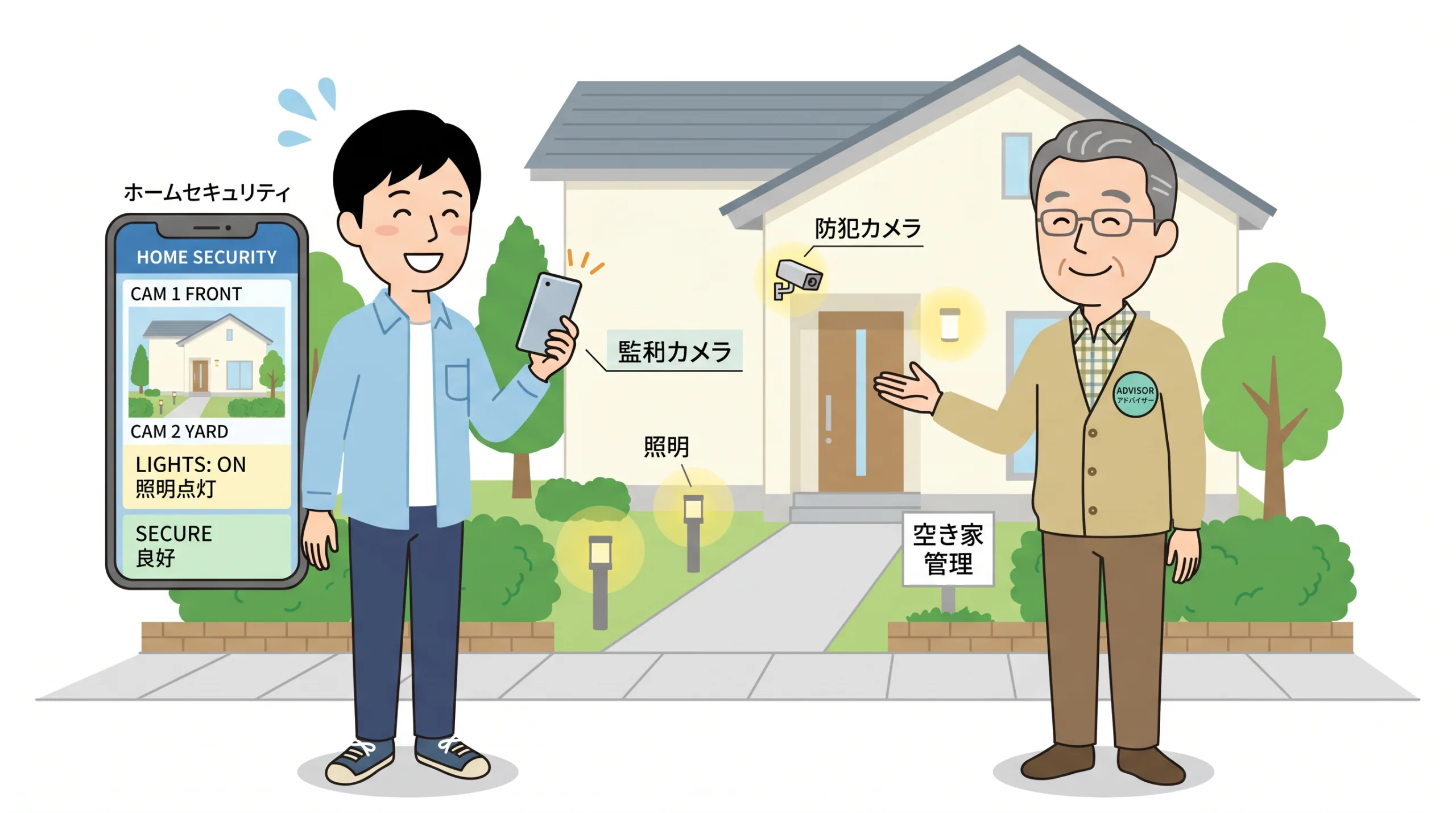 スマホで防犯カメラの映像を確認し安心する男性
