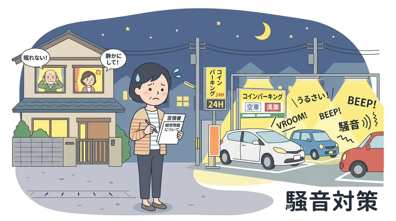 深夜のコインパーキングの騒音や照明トラブルのイメージ
