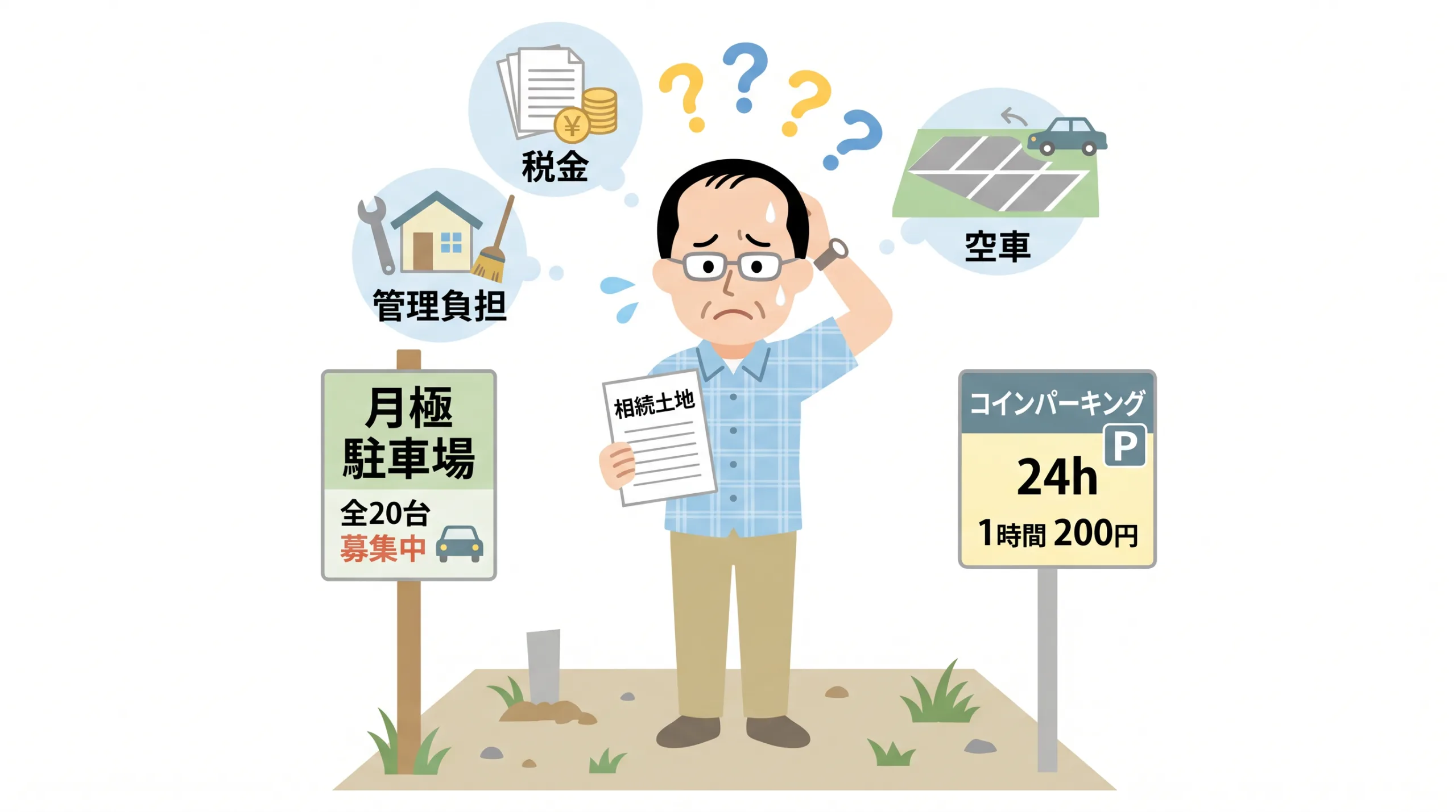 月極かコインパーキングかで悩む男性のイメージ
