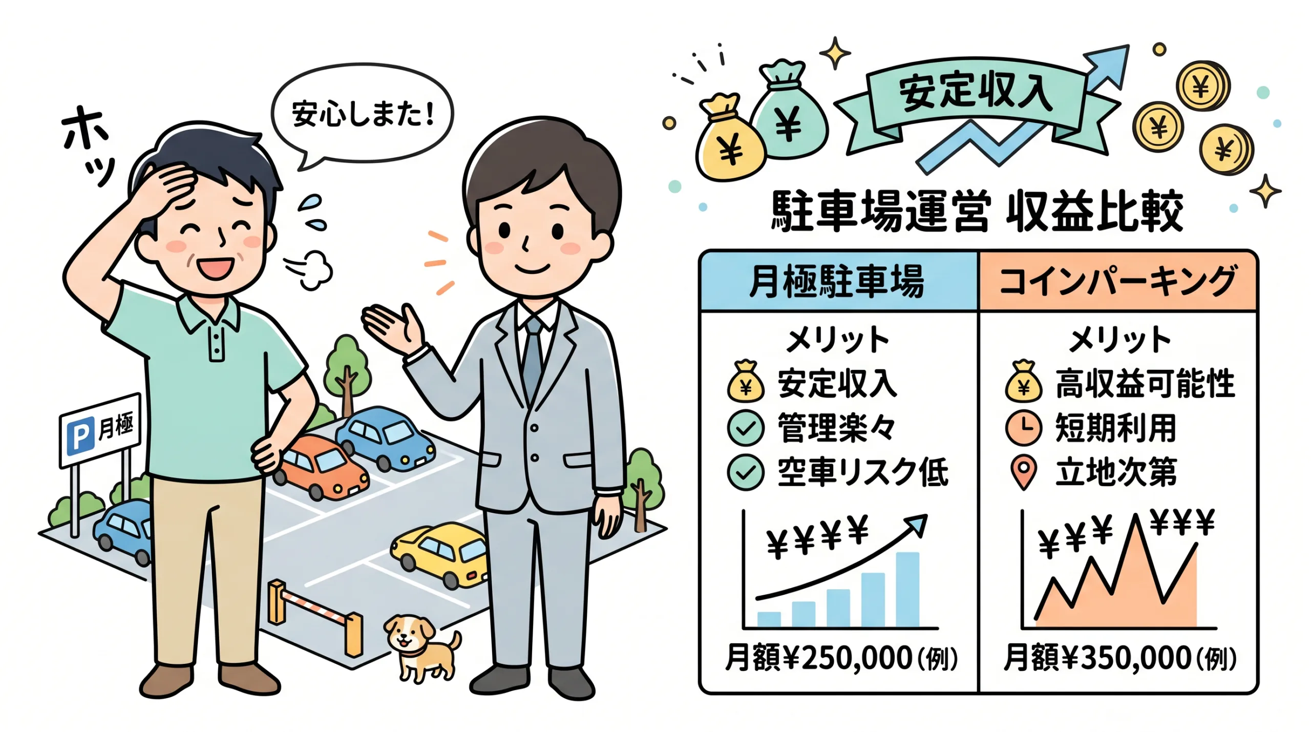 比較表を見て安心する男性とアドバイザー