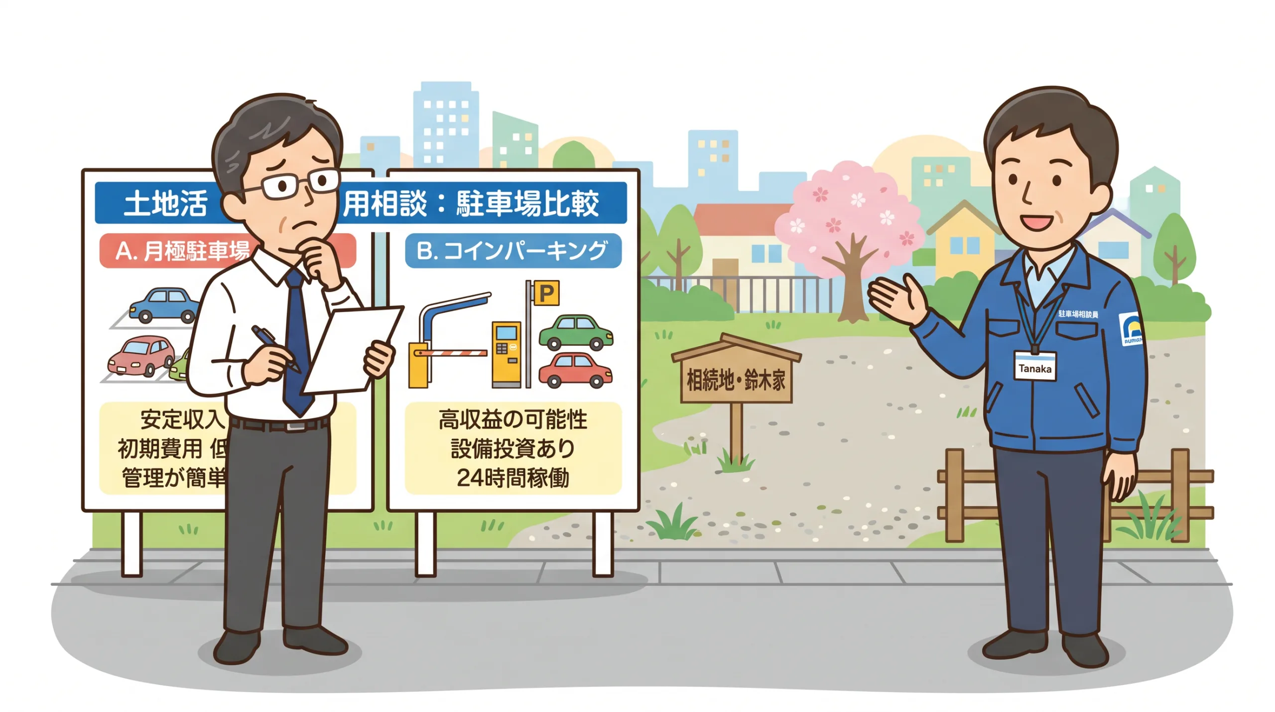 月極駐車場とコインパーキングの比較で悩む男性