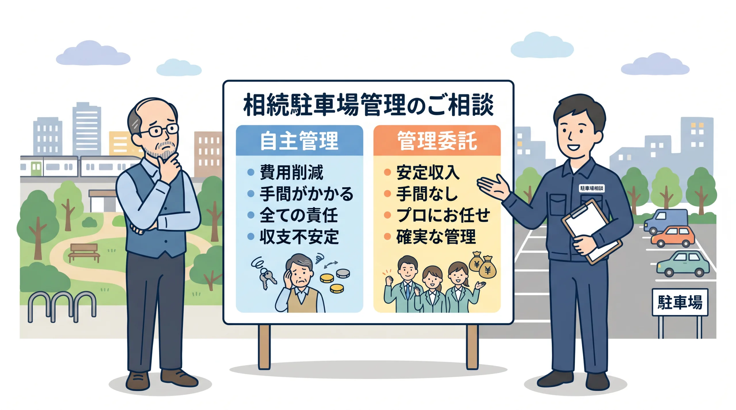 自己管理と業者委託の比較で悩む男性とアドバイザー