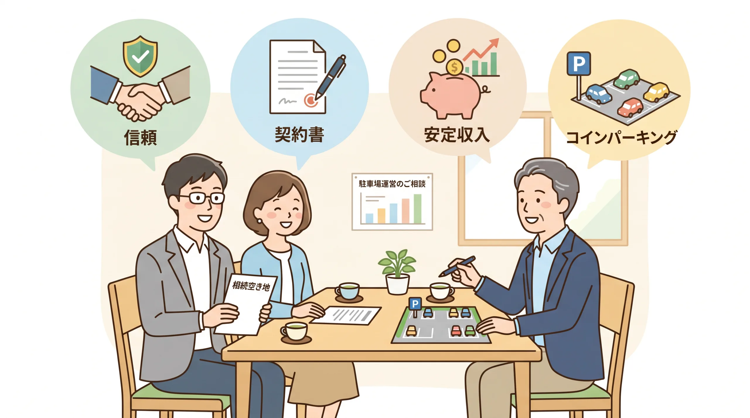 コインパーキングの運営会社選びについてアドバイザーに相談する夫婦