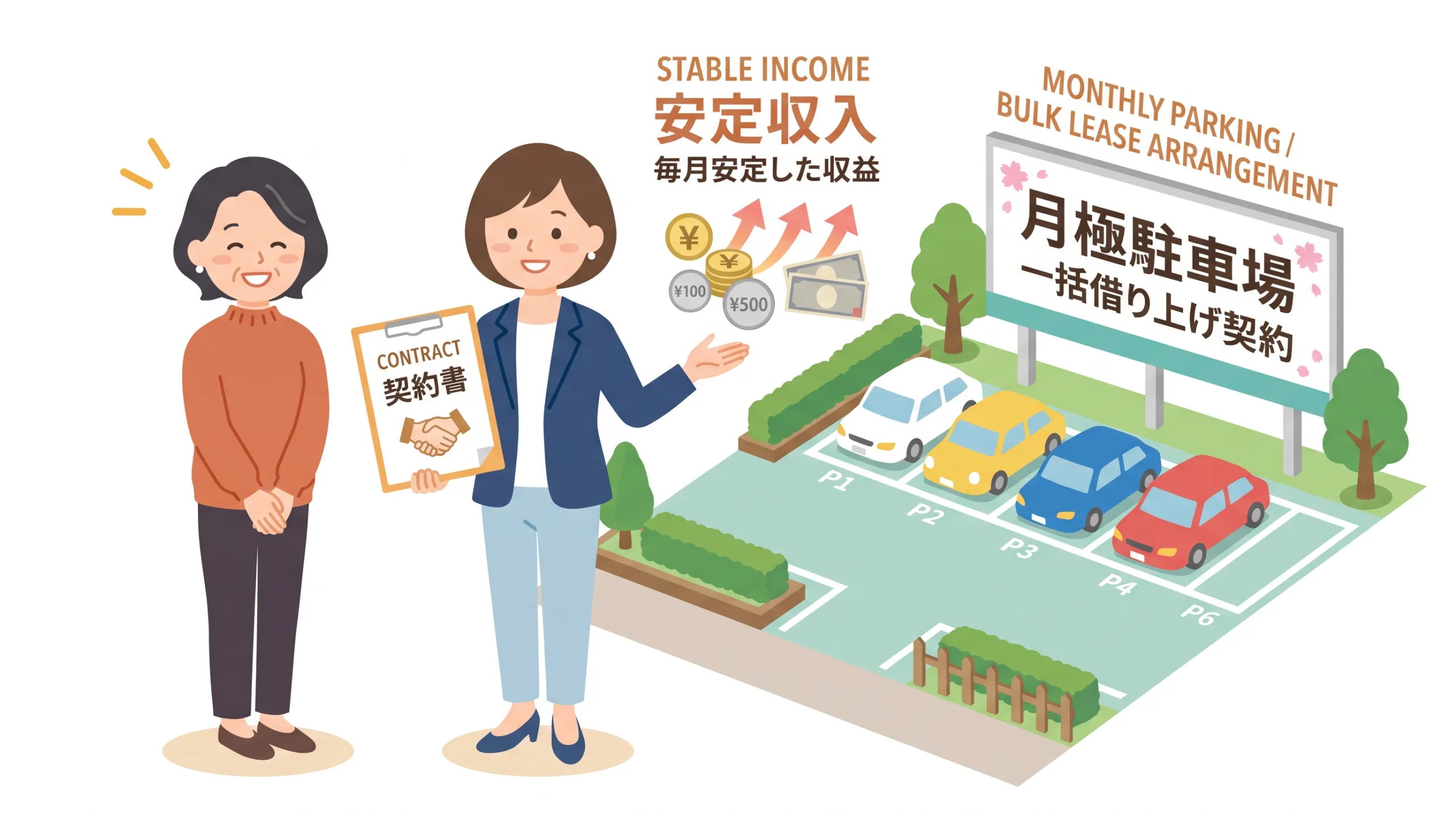 一括借り上げで安定収入を得て安心している女性とアドバイザー