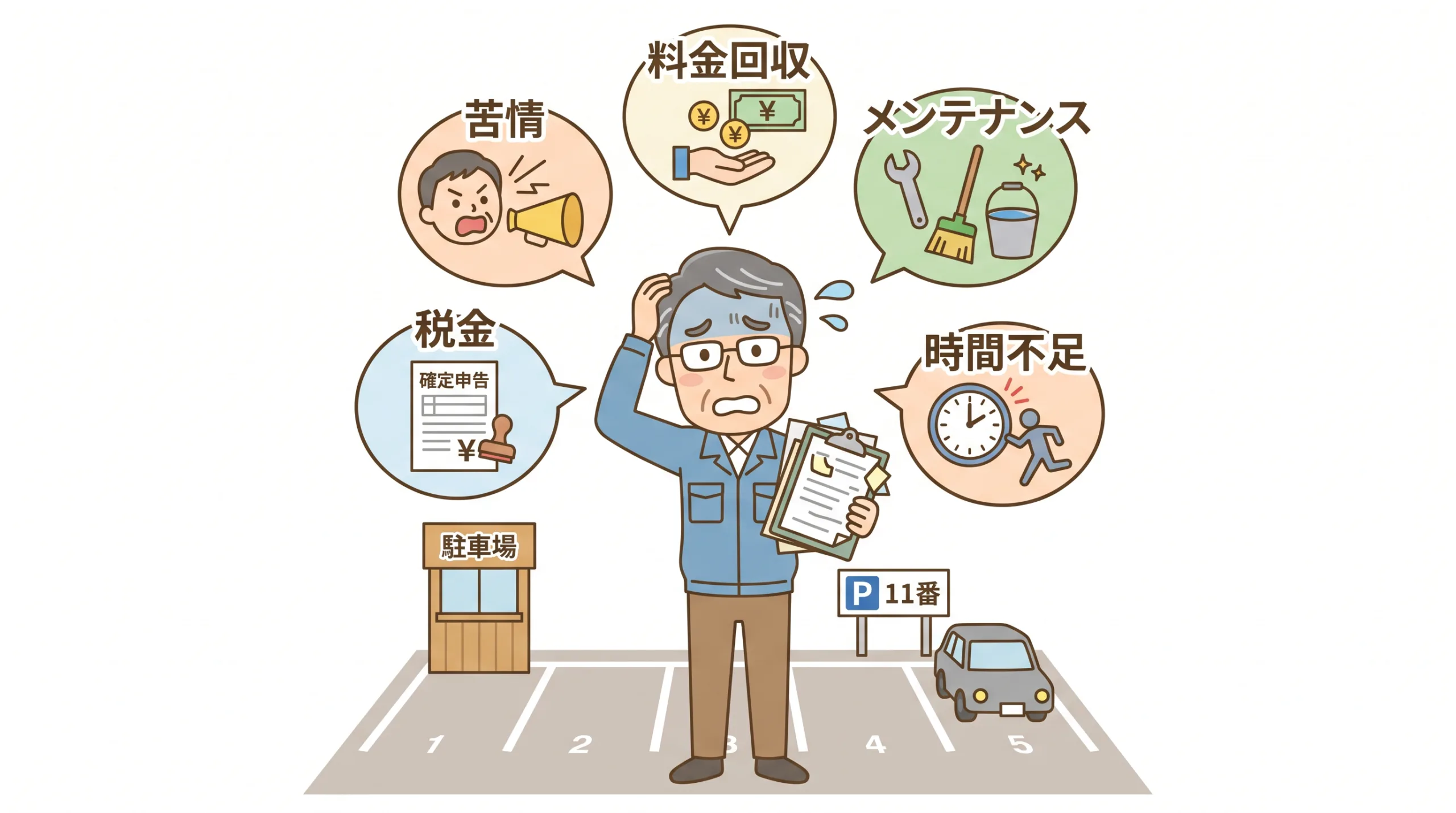 駐車場の自己管理による業務負担やトラブルに悩むイメージ