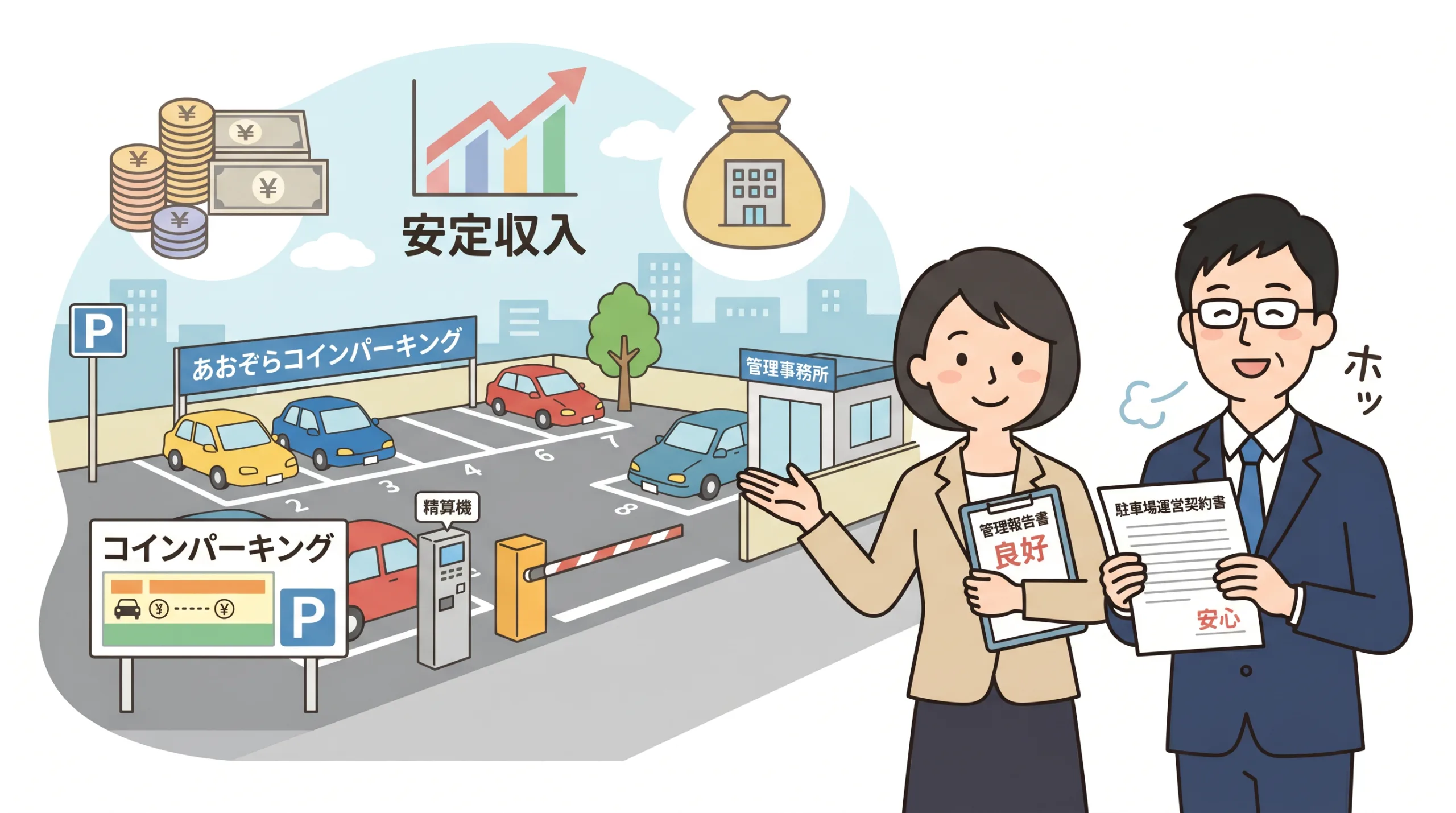 信頼できる会社を選び、安心して駐車場経営をスタートした様子
