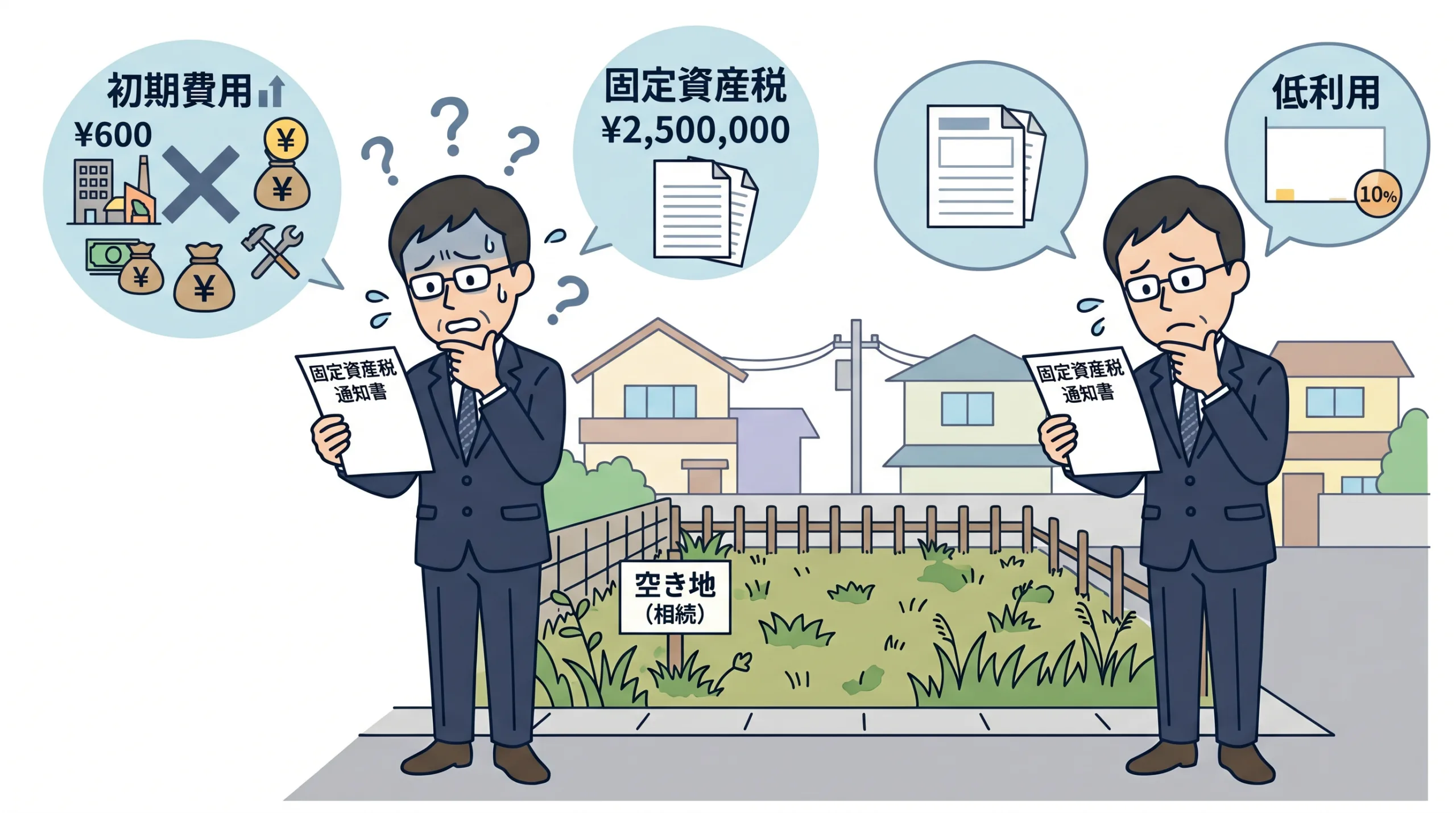 空き地の固定資産税や活用方法に悩むイメージ