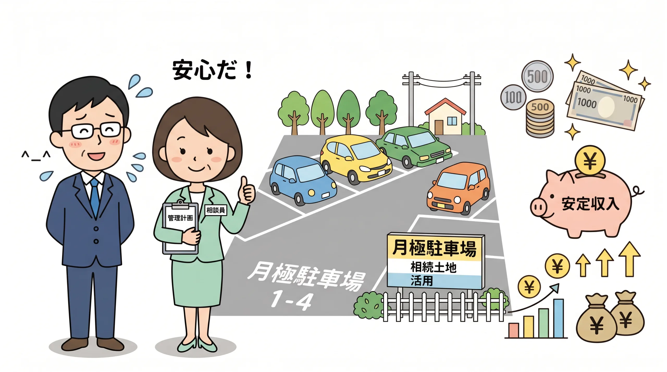 きれいに整備された小規模な駐車場と安定した副収入のイメージ