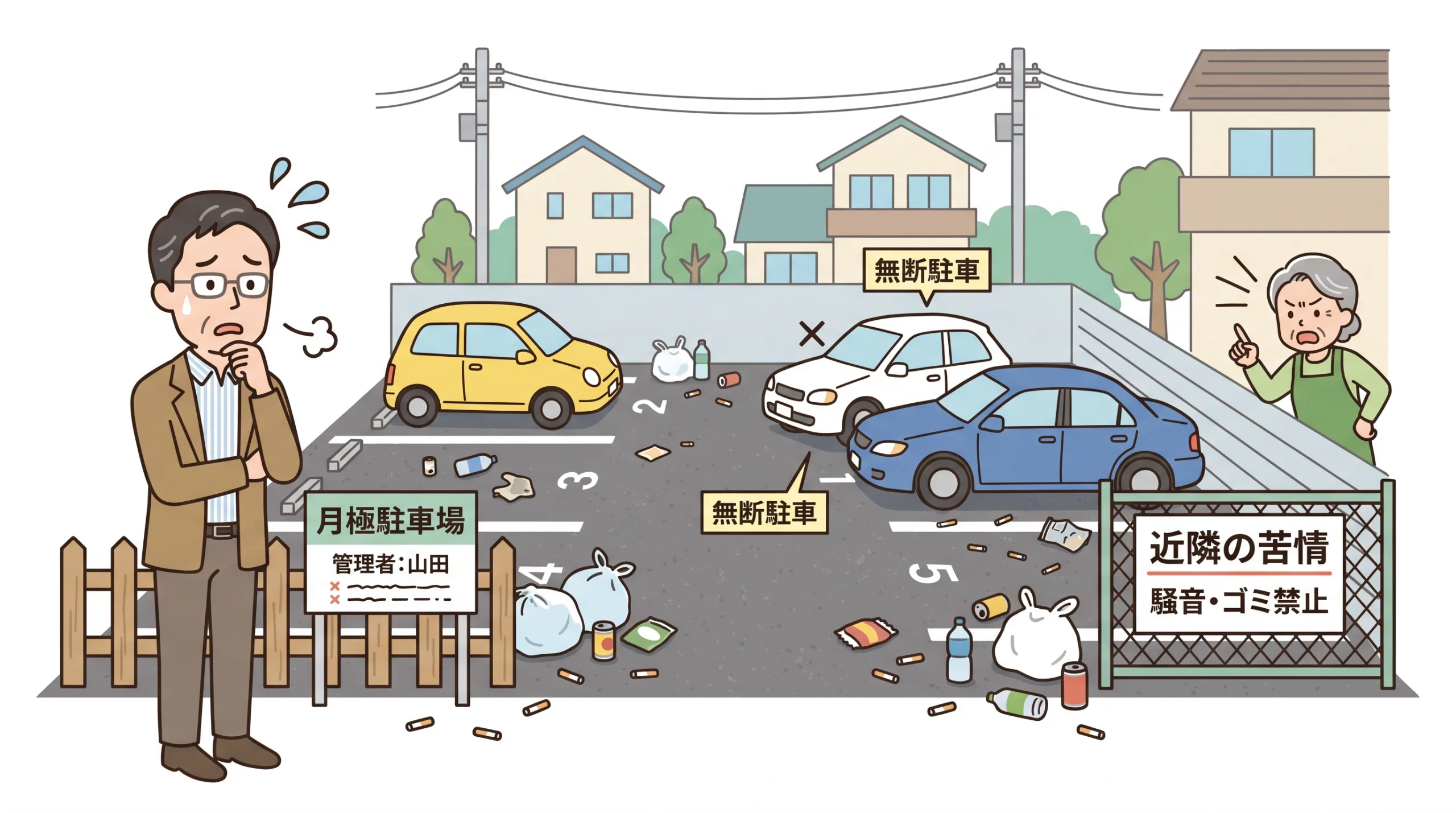 無断駐車やごみのポイ捨てに悩む駐車場